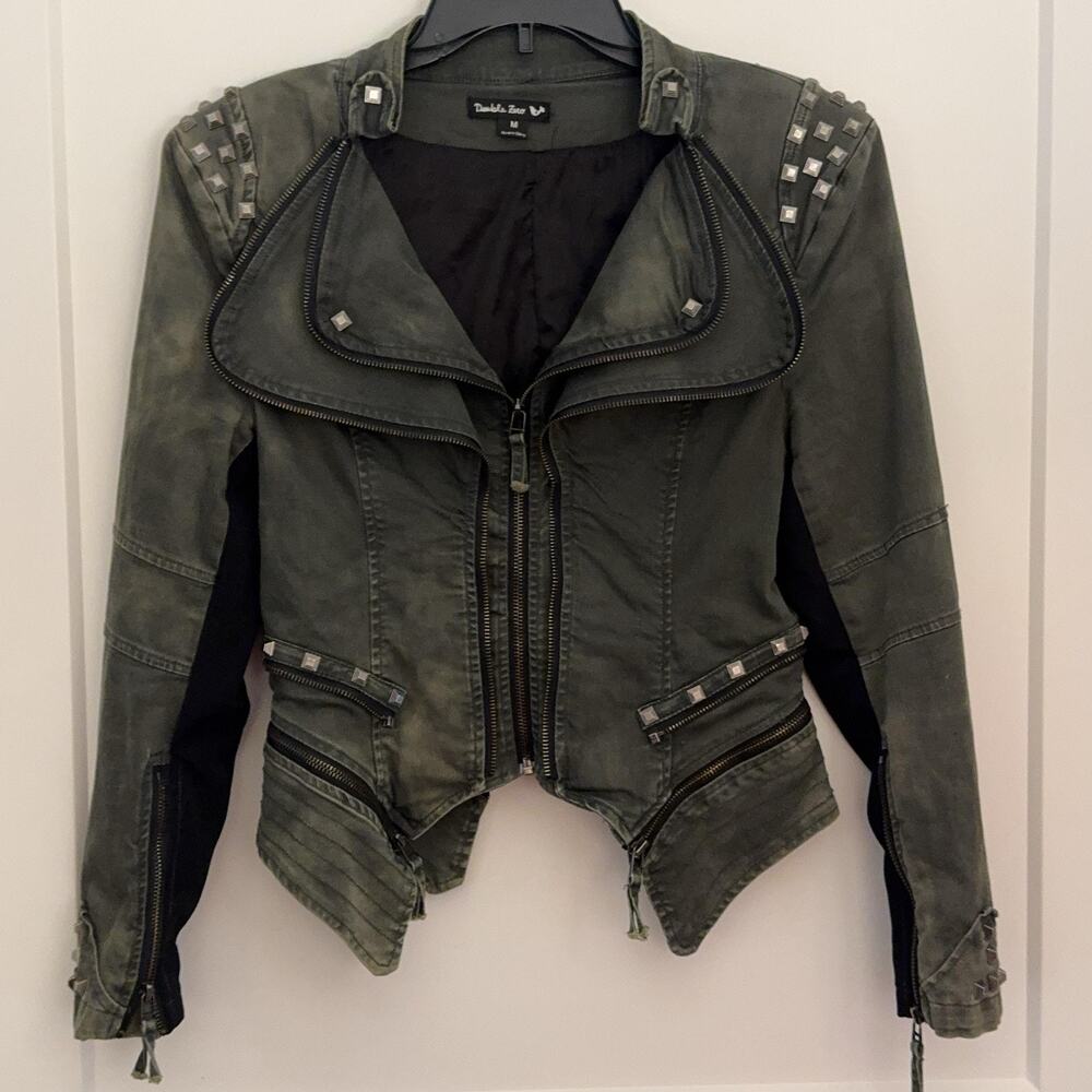 Double Zero Jacket Sz M Green Studded Moto Biker Asymetrical Zip Stretch Twill